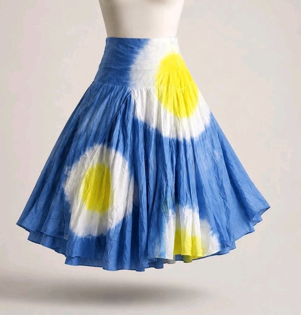 Cute Options M boho tie-dye maxi skirt Sun Burst Yellow Blue Flaired Cotton Soft